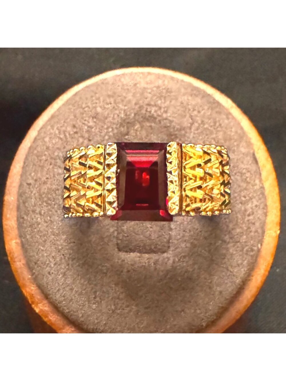 Gold Over Sterling Silver Garnet Ring Wide Tapered Band Chevron Pattern Size 8